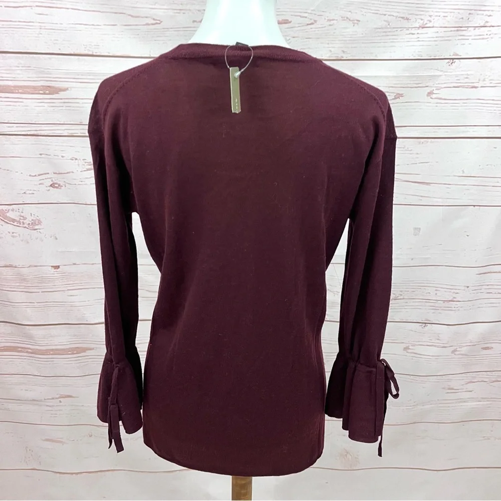 NWT J.Crew Merino Wool Burgundy V-Neck Tunic Sweater Drawstring Cuff Bell Sleeve